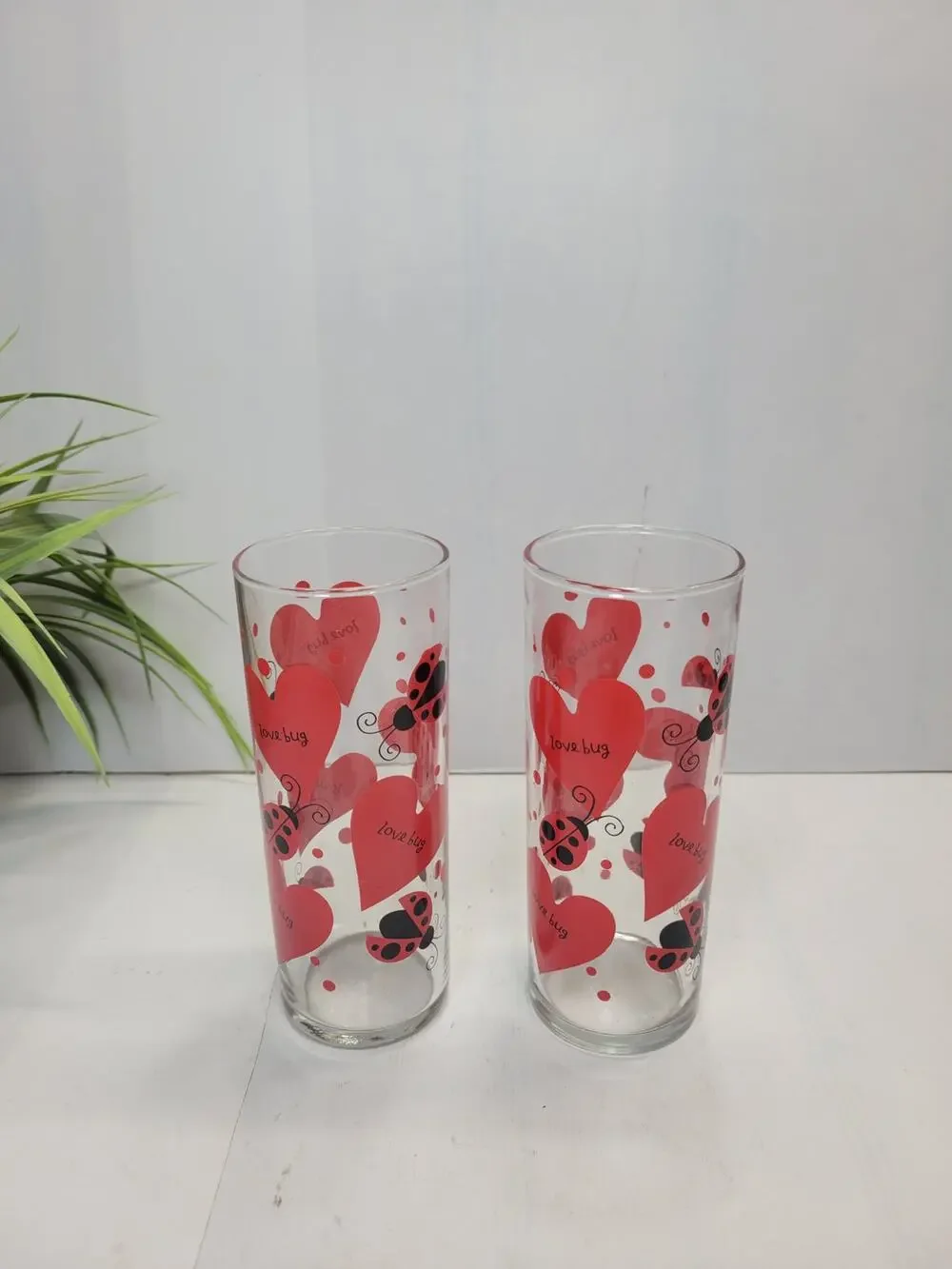 2 Vintage Anchor Hocking Love Bug Glasses Red Hearts Ladybug Tumbler Valentine